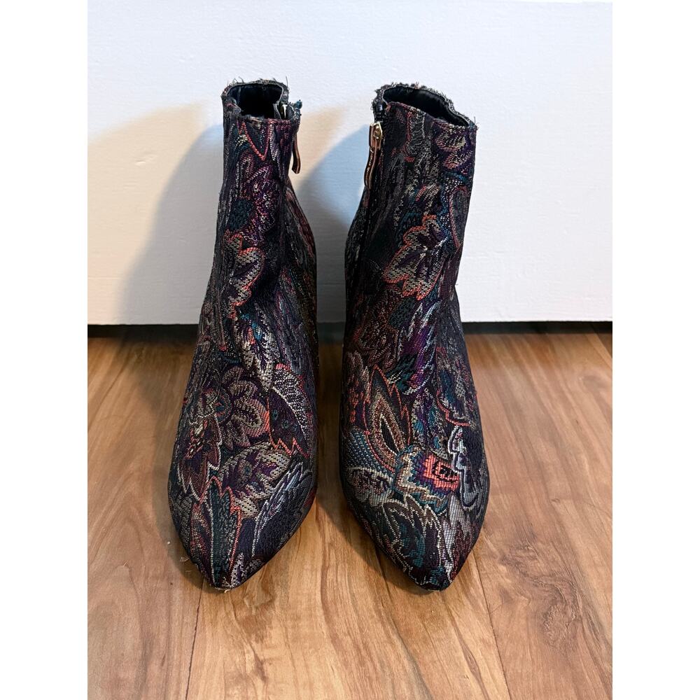 NICOLE MILLER Artelier gold red blue jacquard cloth chunky heeled booties boots - Picture 3 of 9
